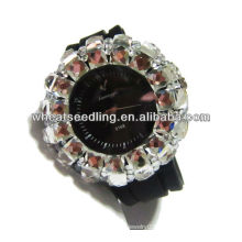 Black Watchband With Big Crystal Paved Around Good Looking Ladies Pocket Watches